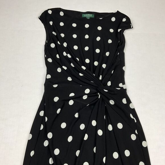 Lauren Ralph Lauren Pencil Dress Polka Dot Twist Front Cap Sleeve Stretch Size 8 - Picture 2 of 8